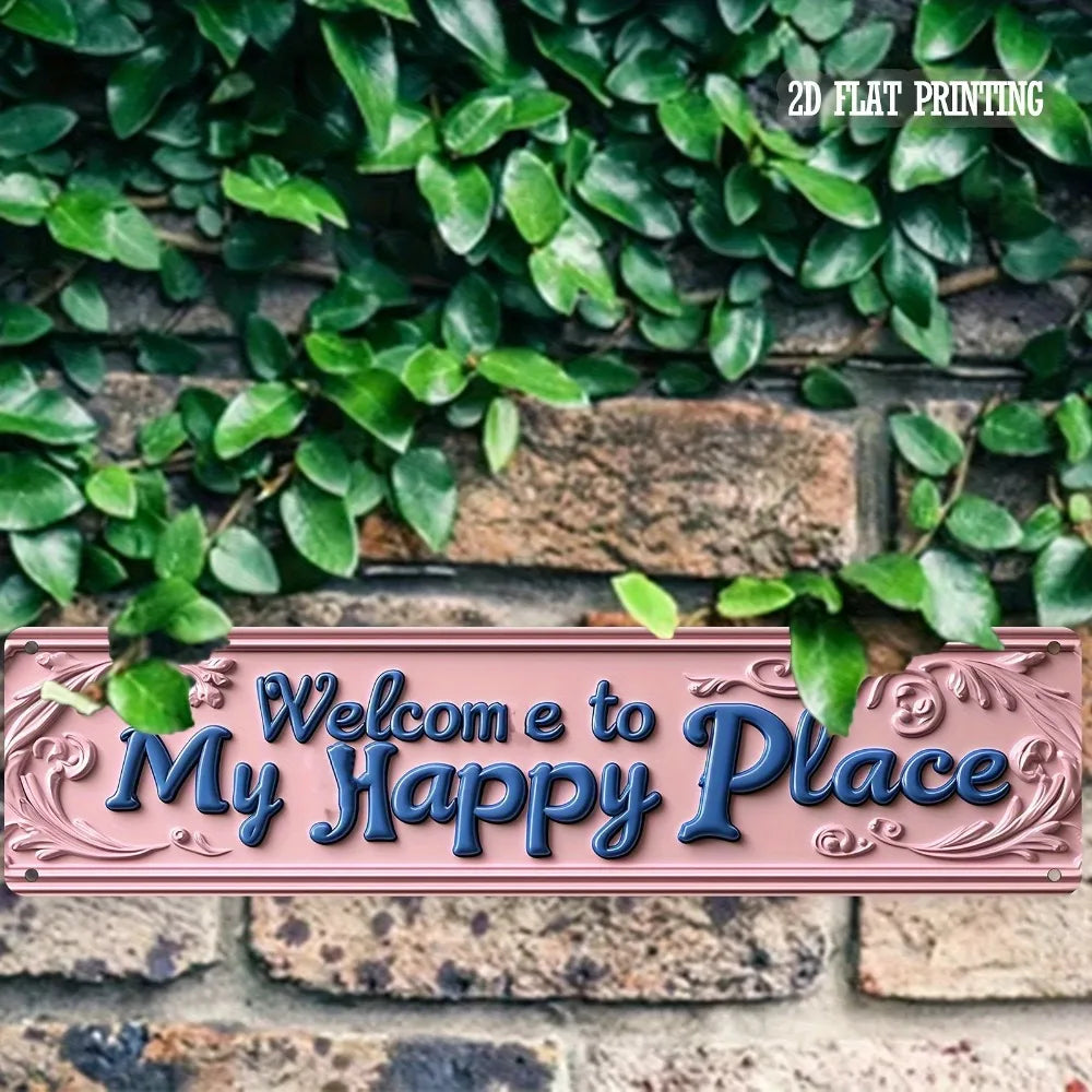 Vintage "Welcome to My Happy Place" Pink Metal Sign - 4x16" Rustic Foyer Living Room Decor, Housewarming Gift