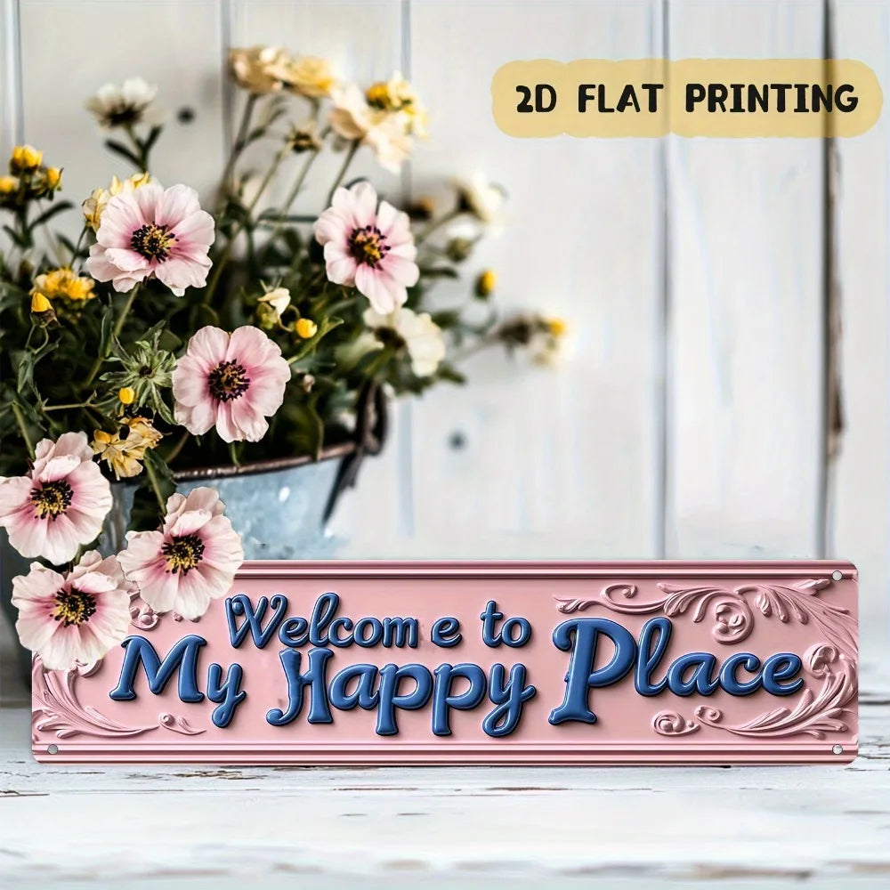 Vintage "Welcome to My Happy Place" Pink Metal Sign - 4x16" Rustic Foyer Living Room Decor, Housewarming Gift