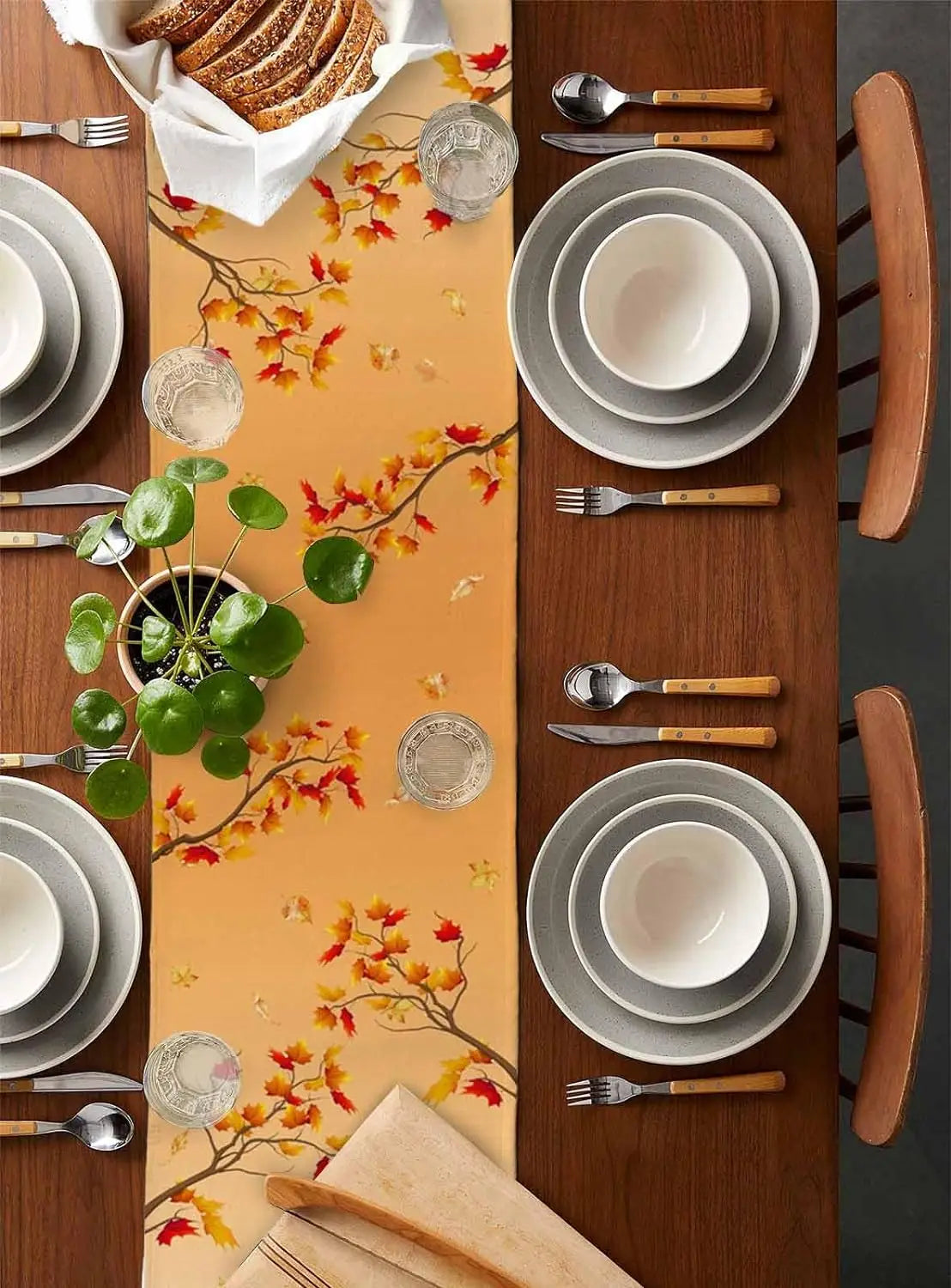 Autumn Squirrel Maple Leaves Printed Linen Table Runners