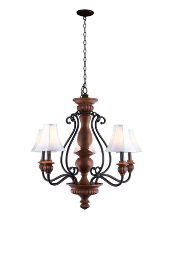 5-Light Elegant White Fabric Shade Antiqued Gold Chandelier