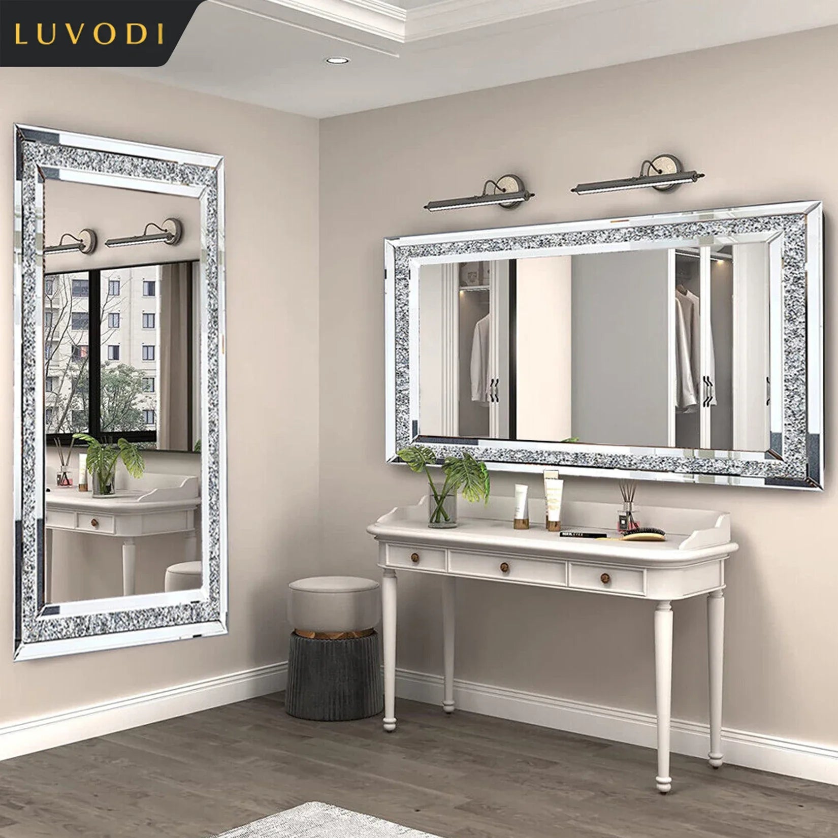 Crystal Rhinestone Frameless Vanity Mirror Wall Mounted
