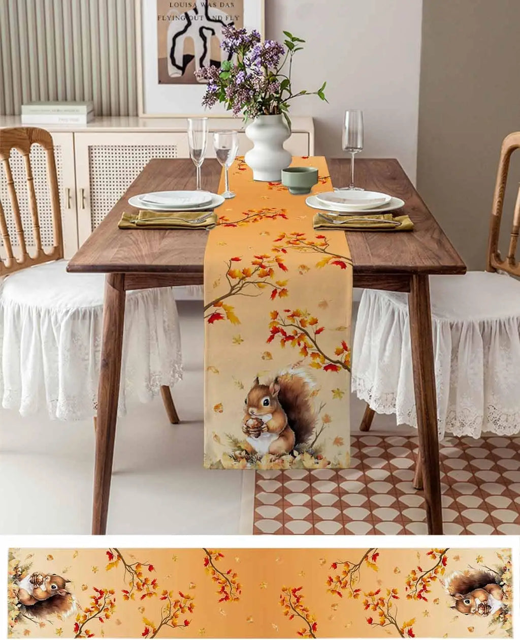 Autumn Squirrel Maple Leaves Printed Linen Table Runners