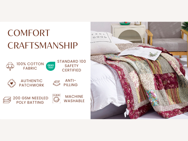 Burgundy Paisley Floral Cotton Patchwork Quilted Throw Blanket