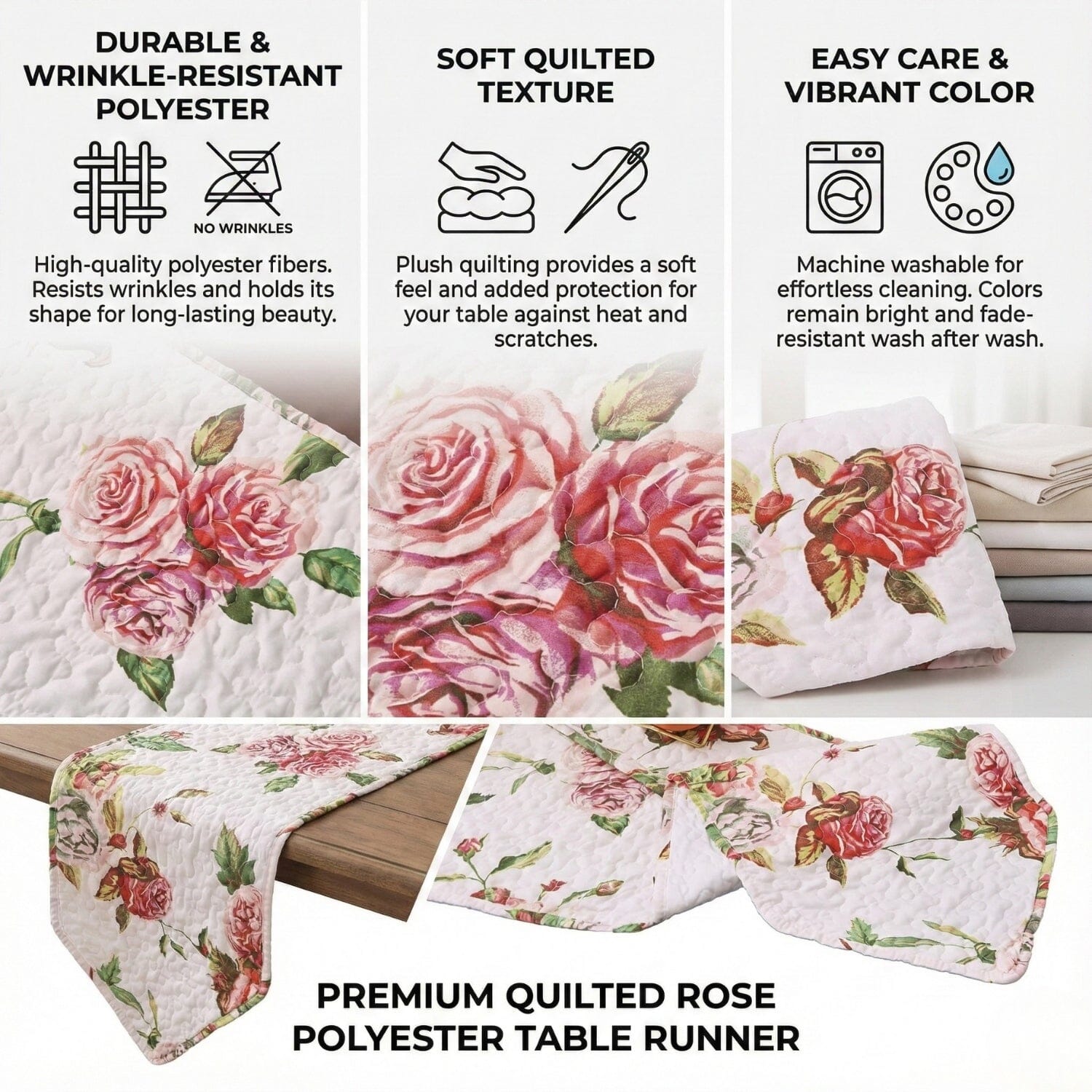 Romantic Roses Pink Quilted Dining Table Runner