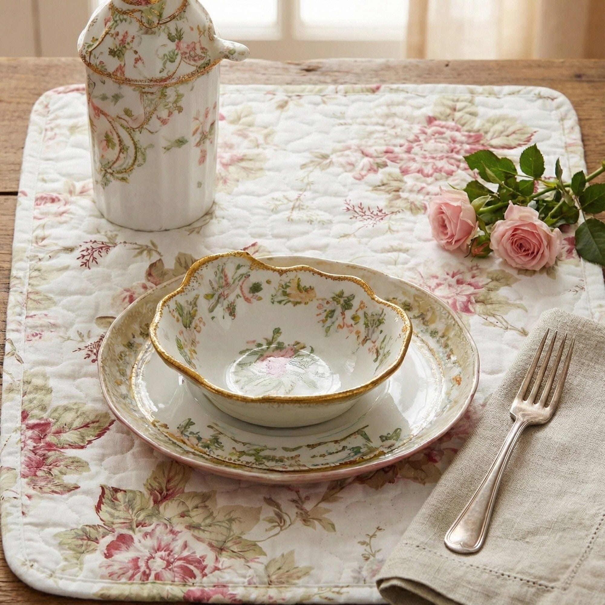 Dainty Cottage Roses Quilted Cotton Placemats