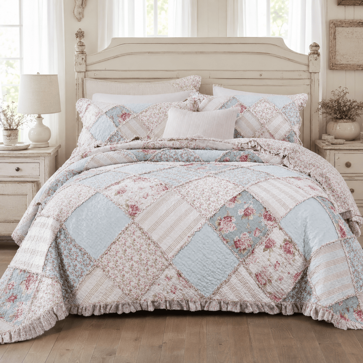 DaDa Bedding Hint of Mint Pastel Cotton Patchwork Quilt Set