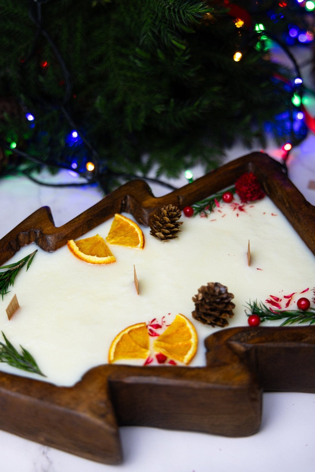 Large Christmas Tree Wooden Dough Bowl Scented Candle