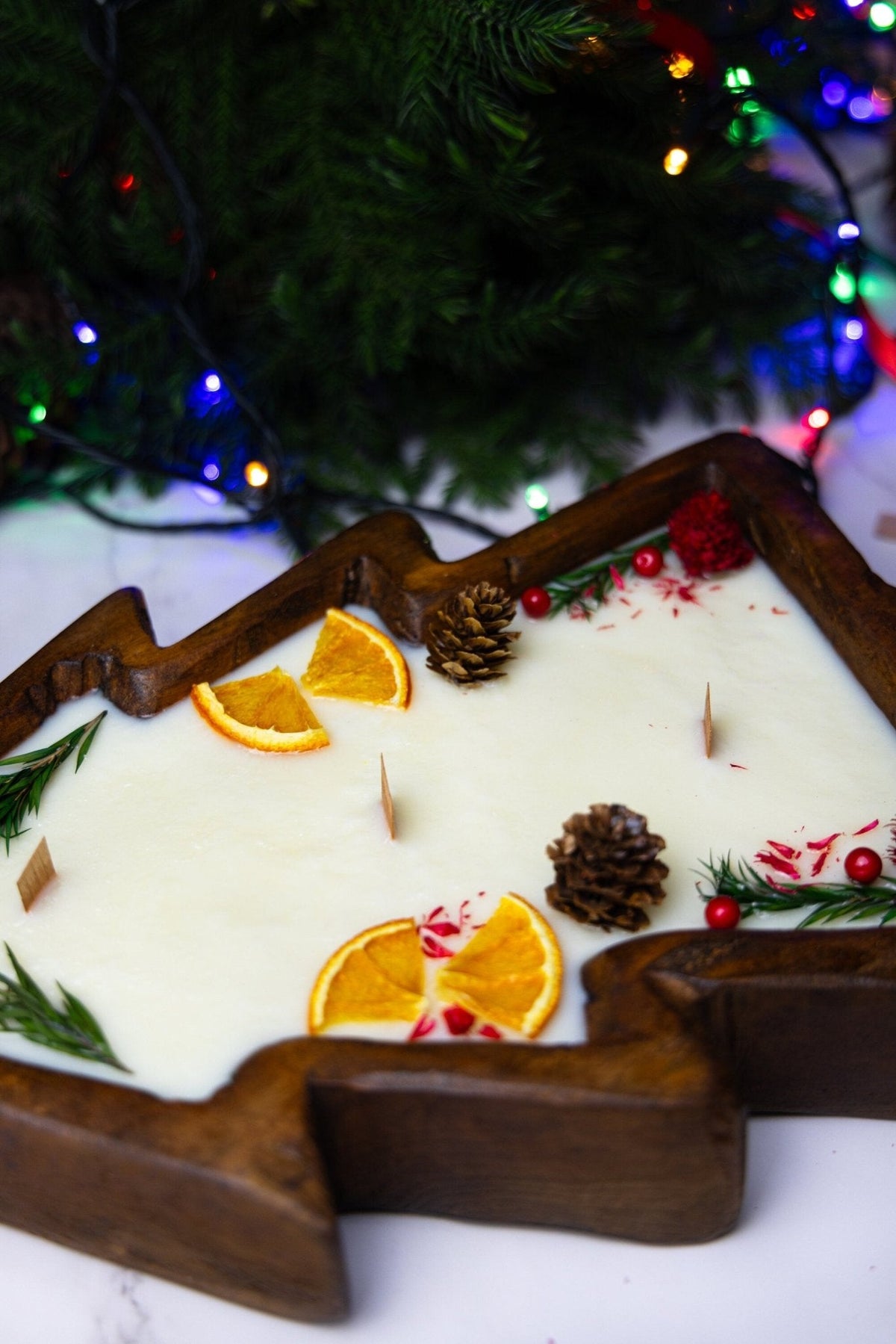 Large Christmas Tree Wooden Dough Bowl Scented Candle