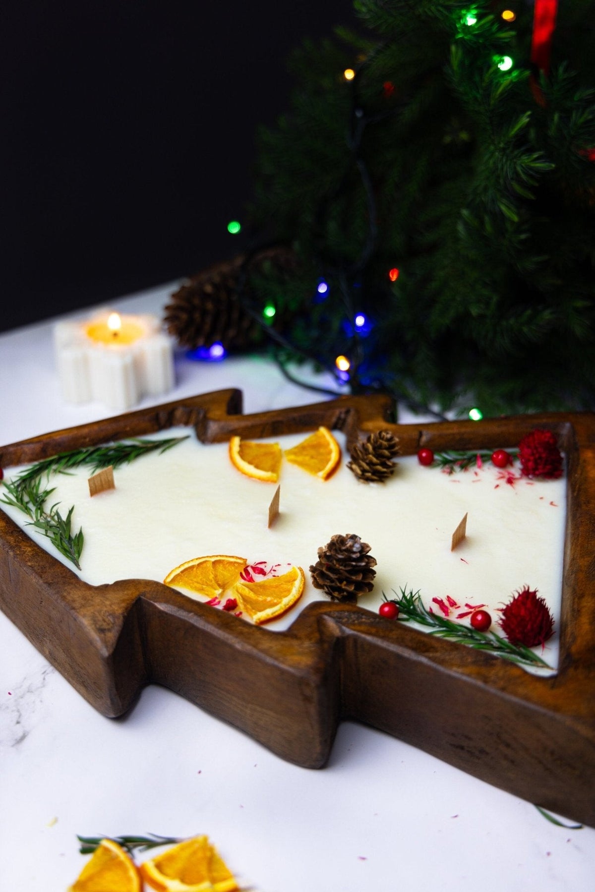 Large Christmas Tree Wooden Dough Bowl Scented Candle