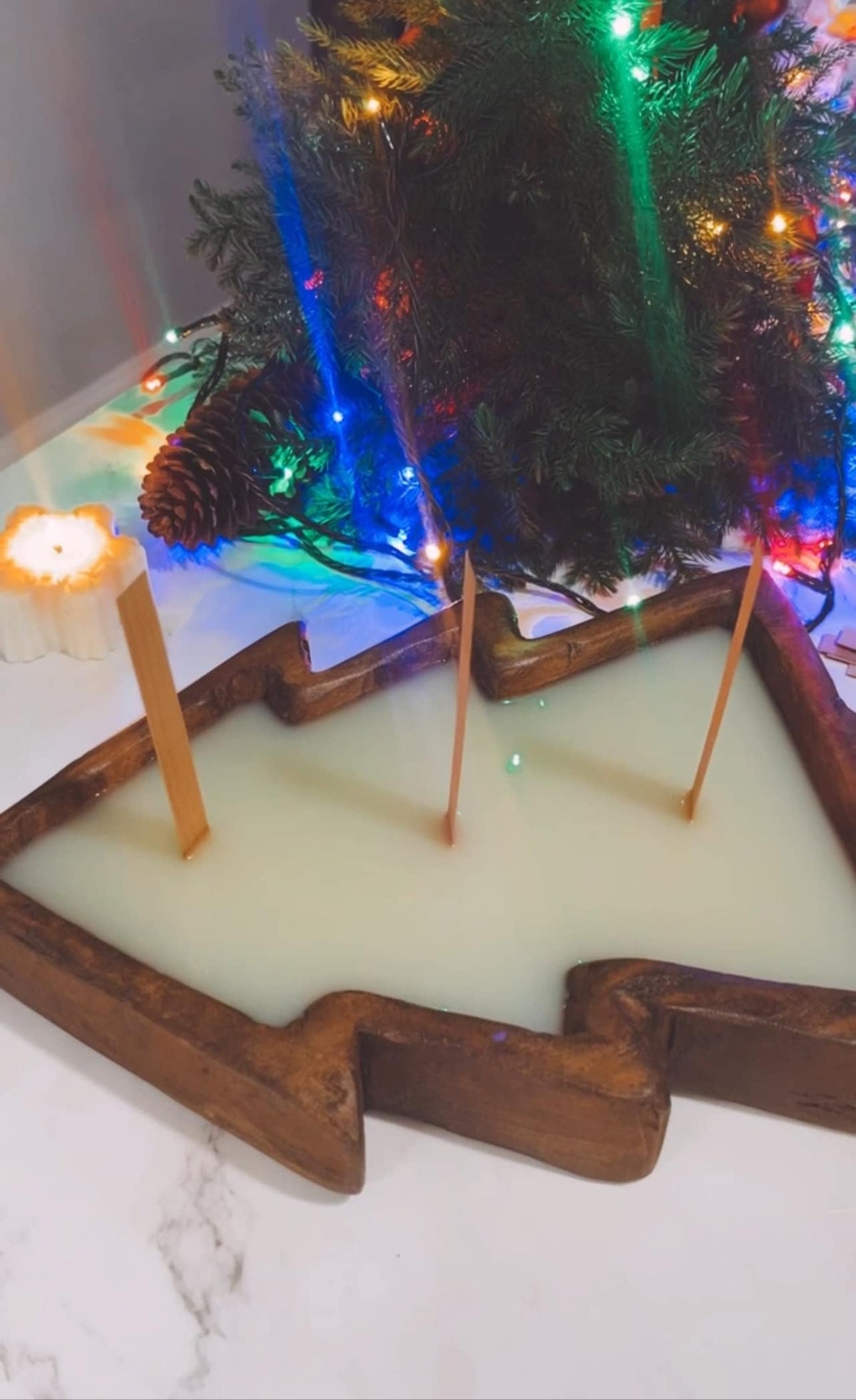 Large Christmas Tree Wooden Dough Bowl Scented Candle