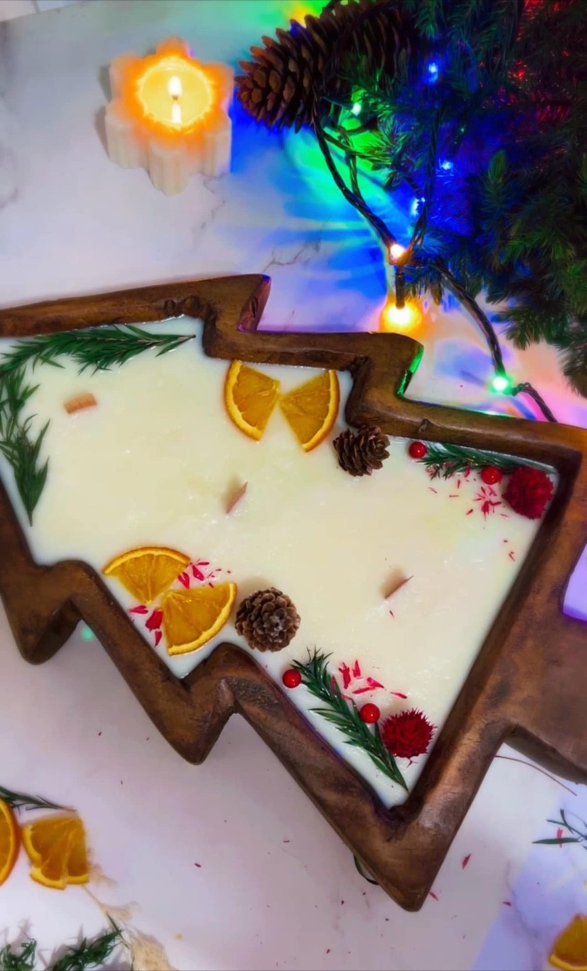 Large Christmas Tree Wooden Dough Bowl Scented Candle