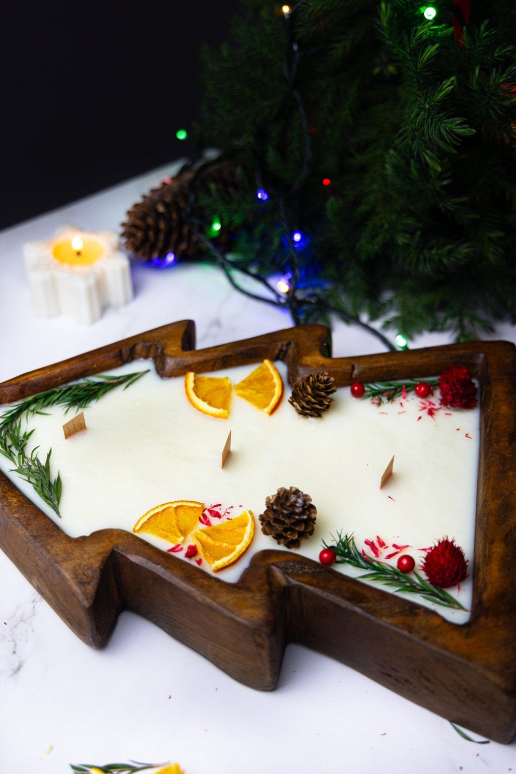 Large Christmas Tree Wooden Dough Bowl Scented Candle