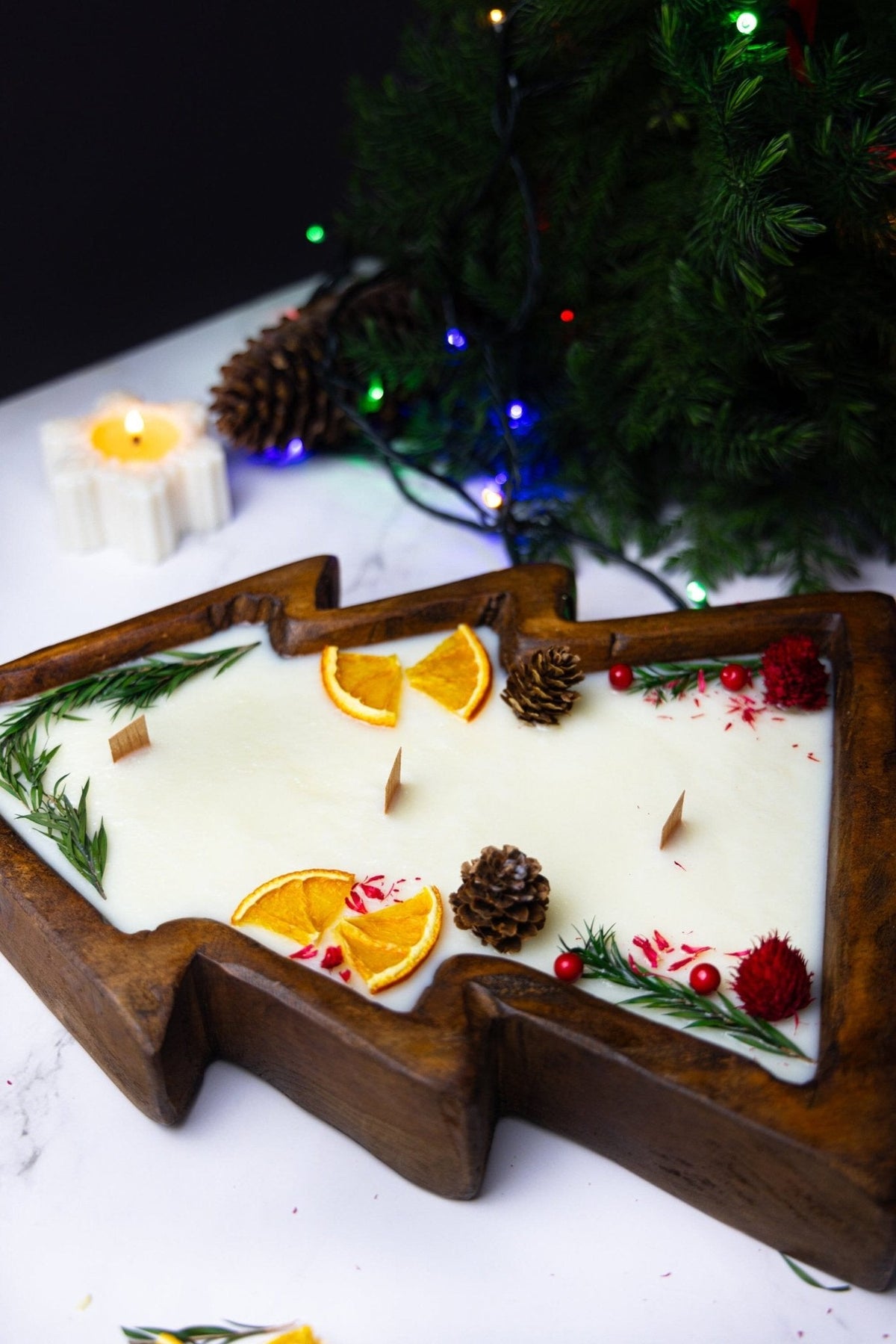 Large Christmas Tree Wooden Dough Bowl Scented Candle