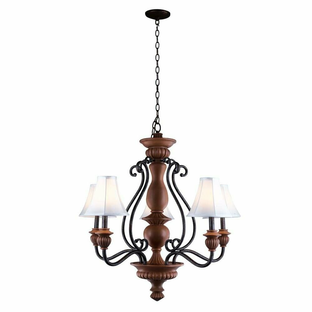 5-Light Elegant White Fabric Shade Antiqued Gold Chandelier