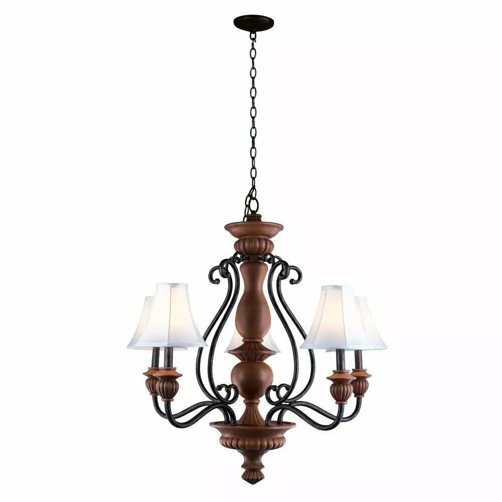 5-Light Elegant White Fabric Shade Antiqued Gold Chandelier